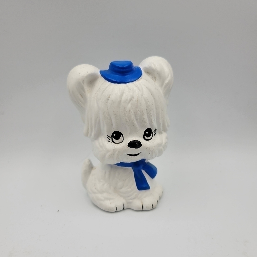 Ceramic White Dog in Blue Hat & Tie Figurine